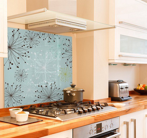 Blue-design diy kitchen glass splashback