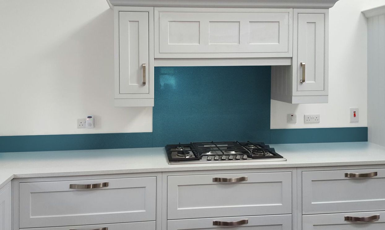 Metallic Pearl Gentian Blue diy glass kitchen splashback