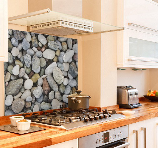 Pebble style diy kitchen glass splashback