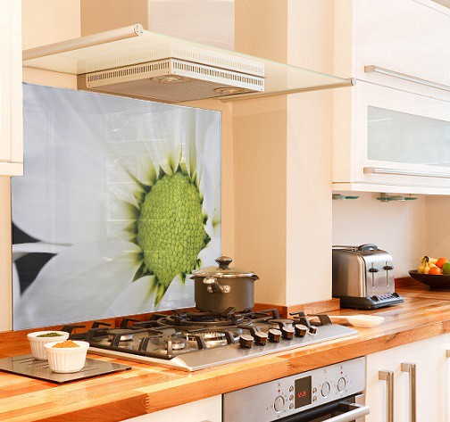 White-flower diy kitchen glass splashback